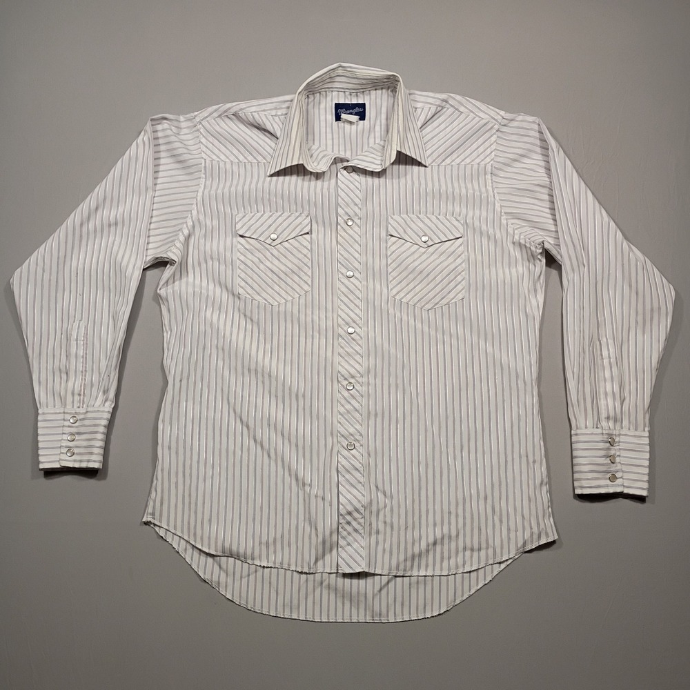 Wrangler Western Shirt Mens L VTG Pearl Snap Striped White Blue Red 1048